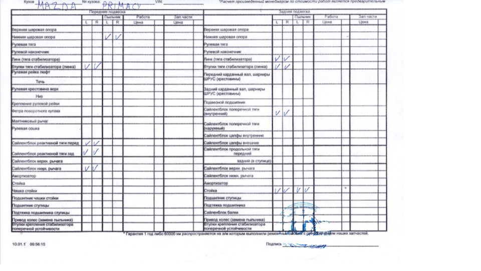Лист диагностики ходовой части автомобиля образец
