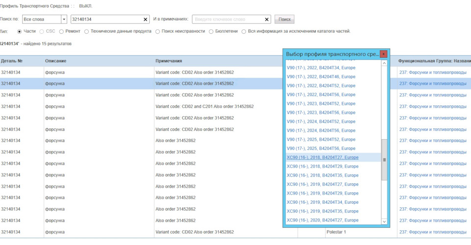 Совместимость форсунок — Volvo V50. Запчасти на фото: 32140134, 31452862, B4204T27