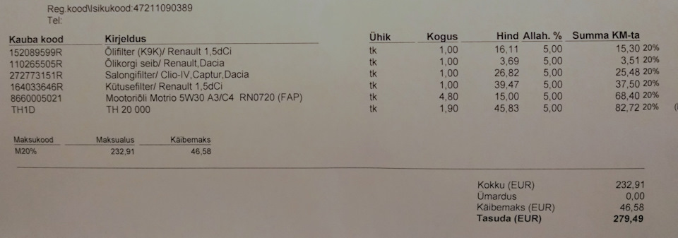 Итог ТО2, видимо на новый год на все скидка 5%😉 Мелочь, но приятно — Dacia Duster (2G). Запчасти на фото: 152089599R, 110265505R, 272773151R, 164033646R