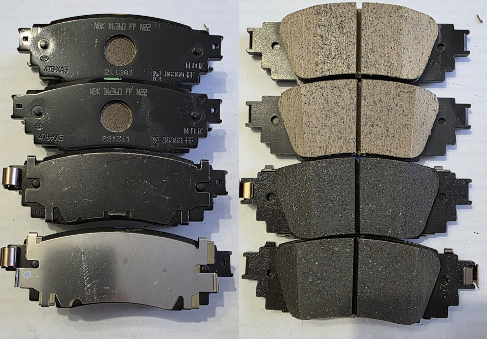 Сверху комплект 04465-33480 от RAV4, снизу комплект от Camry 04466-33220 они-же 04466-33230 — Toyota RAV4 (5G). Запчасти на фото: 0446533480, 0446633220, 0446633230, D6360