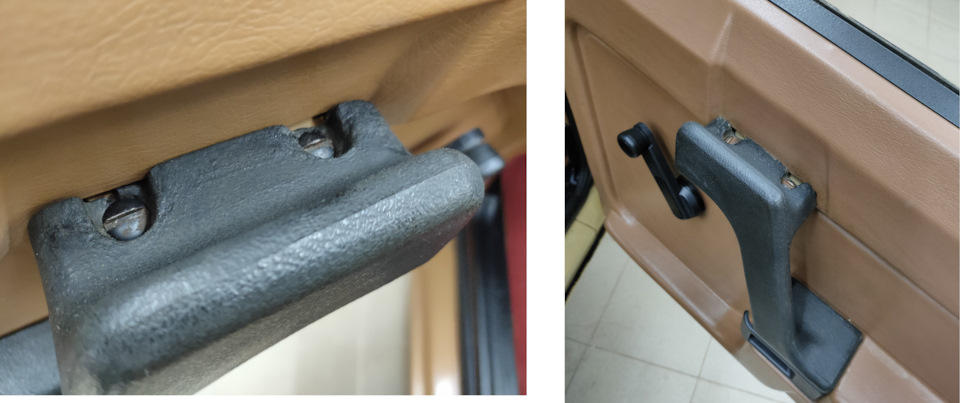 Также необычно в сравнении с серийными авто — здесь исполнение крепление рукоятки двери, просто, на два шурупа, без декоративных заглушек, да и ручка по форме также отлична, на широкосерийных авто этого не увидите — Москвич Святогор