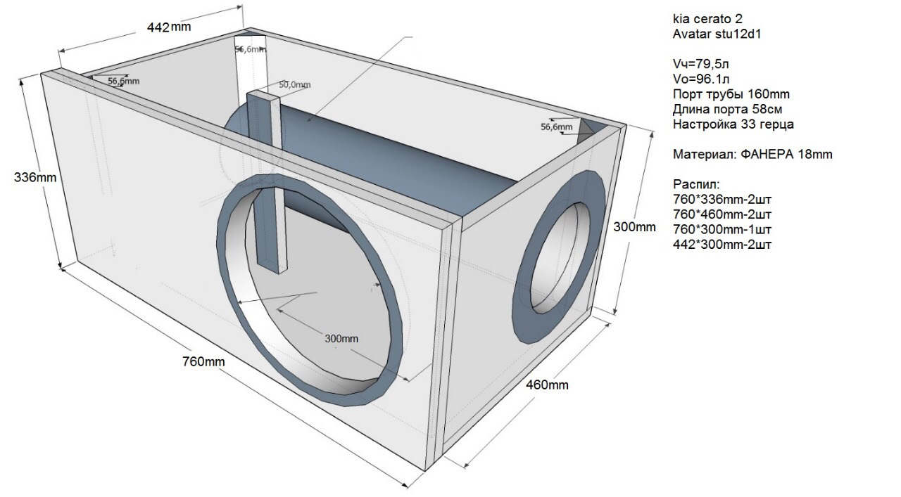 Чертеж короба для сабвуфера 15 дюймов на трубе