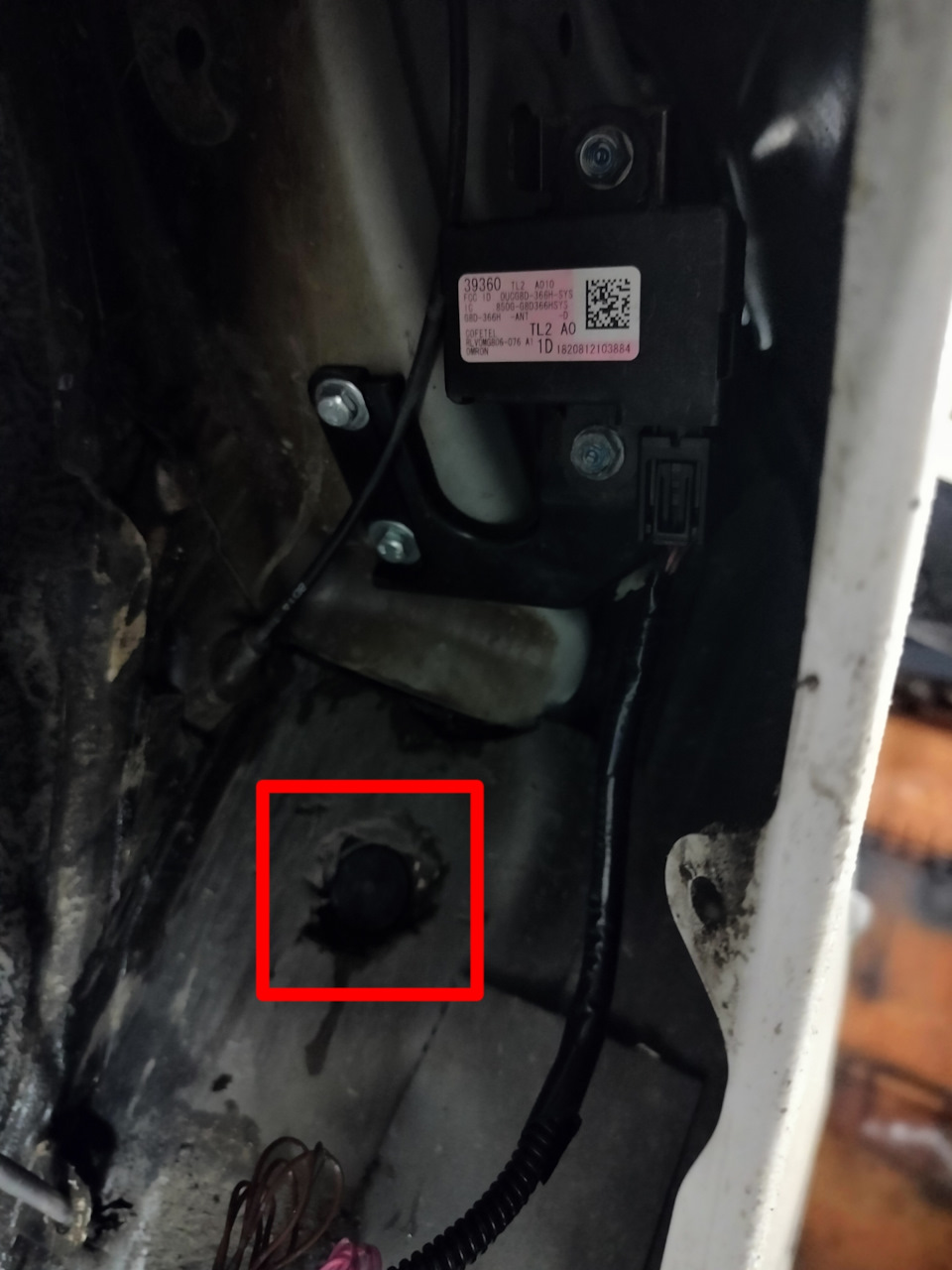 8. Установленная передняя антенна. Есть отверстия для болтов и заглушка чтоб завести проводку в салон.Через эту заглушку завел провода — Honda Accord (8G)