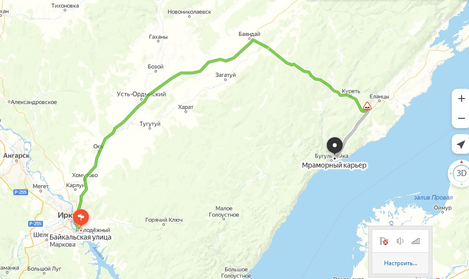 Машрут от дома до карьера около 236 км. Ехать надо по трассе Р418 до Баяндая, а потом уходить в строну Ольхона, но не доезжая его сворачивать в сторону деревни Бугульдейка. Карьер находится около въезда в эту деревню, в ней же есть и выезд к озеру Байкал. — Mazda 323 IV