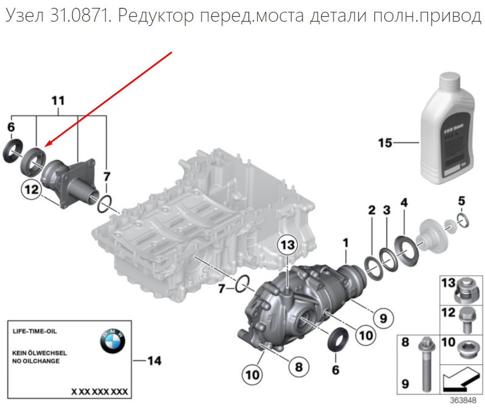 bmw 31507578652 (11 на схеме) стрелкой указан подшипник, отдельно не меняется — BMW 5 series (F10). Запчасти на фото: 31507578652