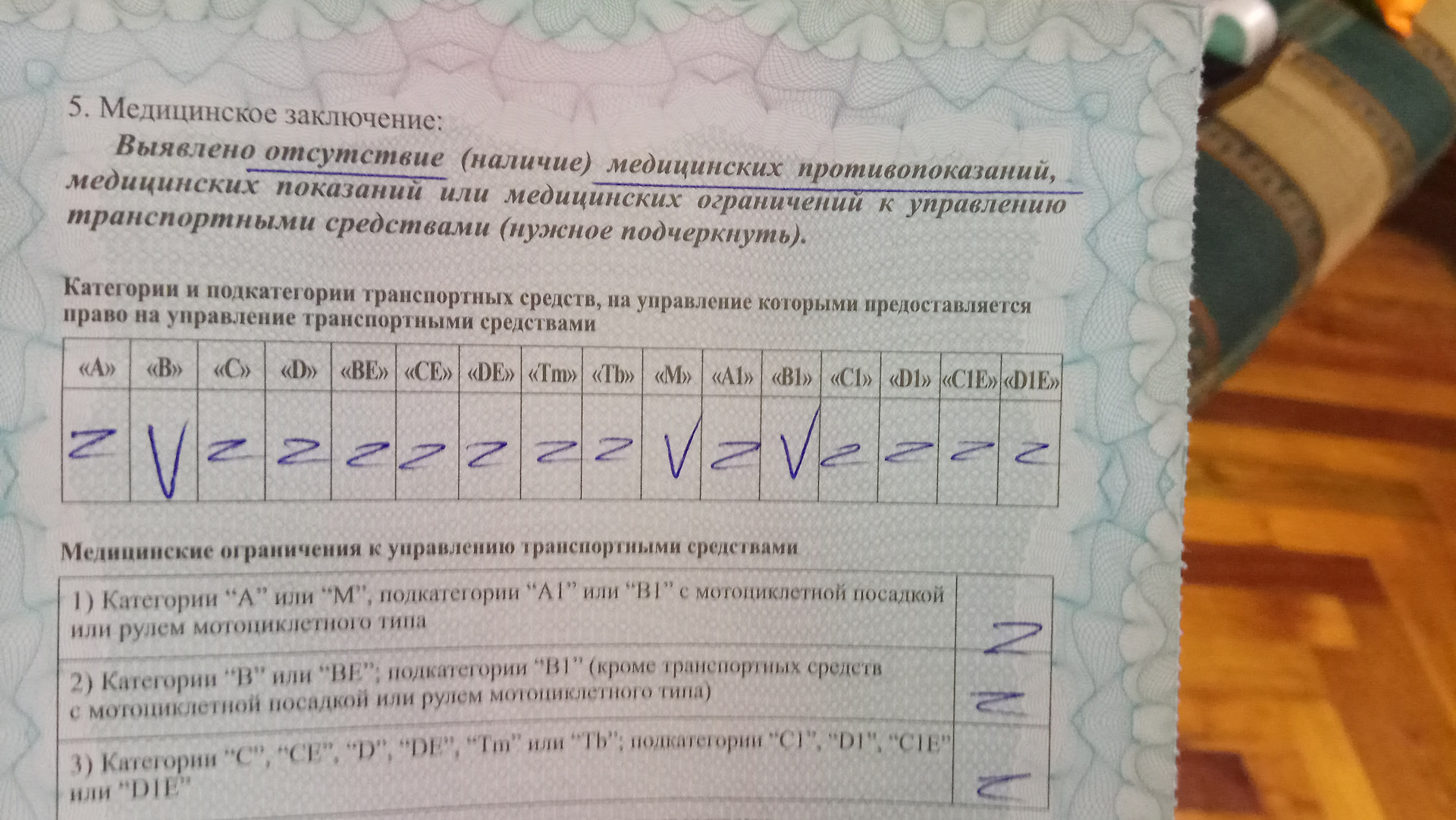 Выявлено наличие. Медицинская справка на категорию с. Выявлено отсутствие наличие медицинских противопоказаний. Разрешенные категории в мед справке.