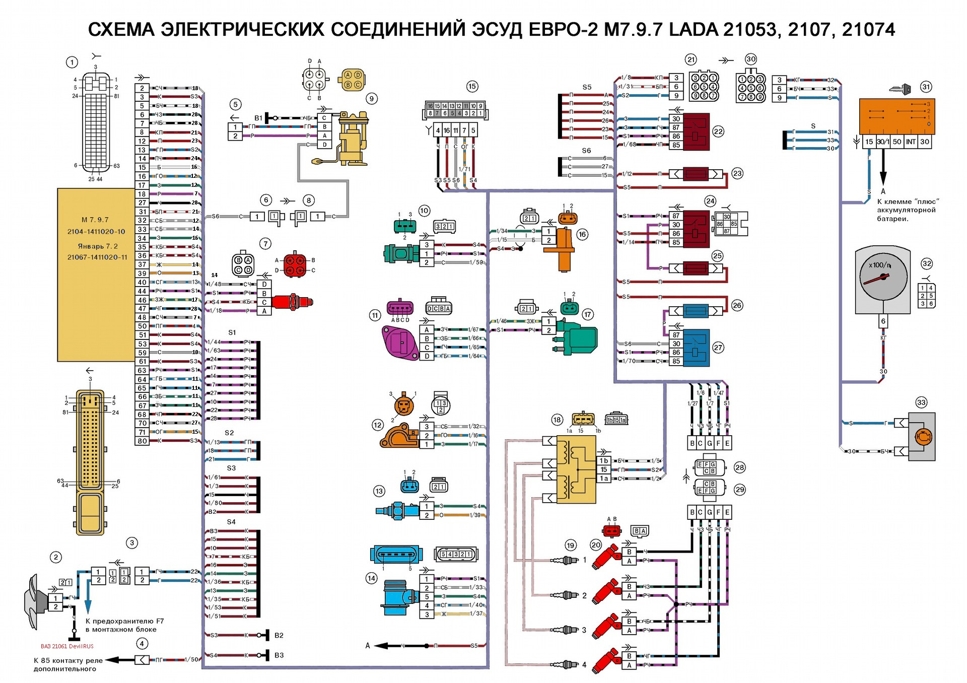 Распиновка блока ваз 2107 Схема электрических соединений ЭСУД Евро -2 М7.9.7 Январь-7.2 - Lada 21061, 1,7 