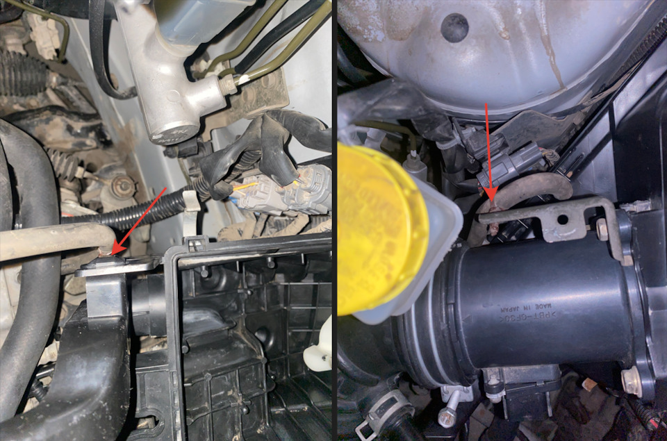 Нижнее крепление к корпусу фильтра, верхнее — к кронштейну, который крепится на верхний дальний болт крепления MAF — Nissan X-Trail I (t30)