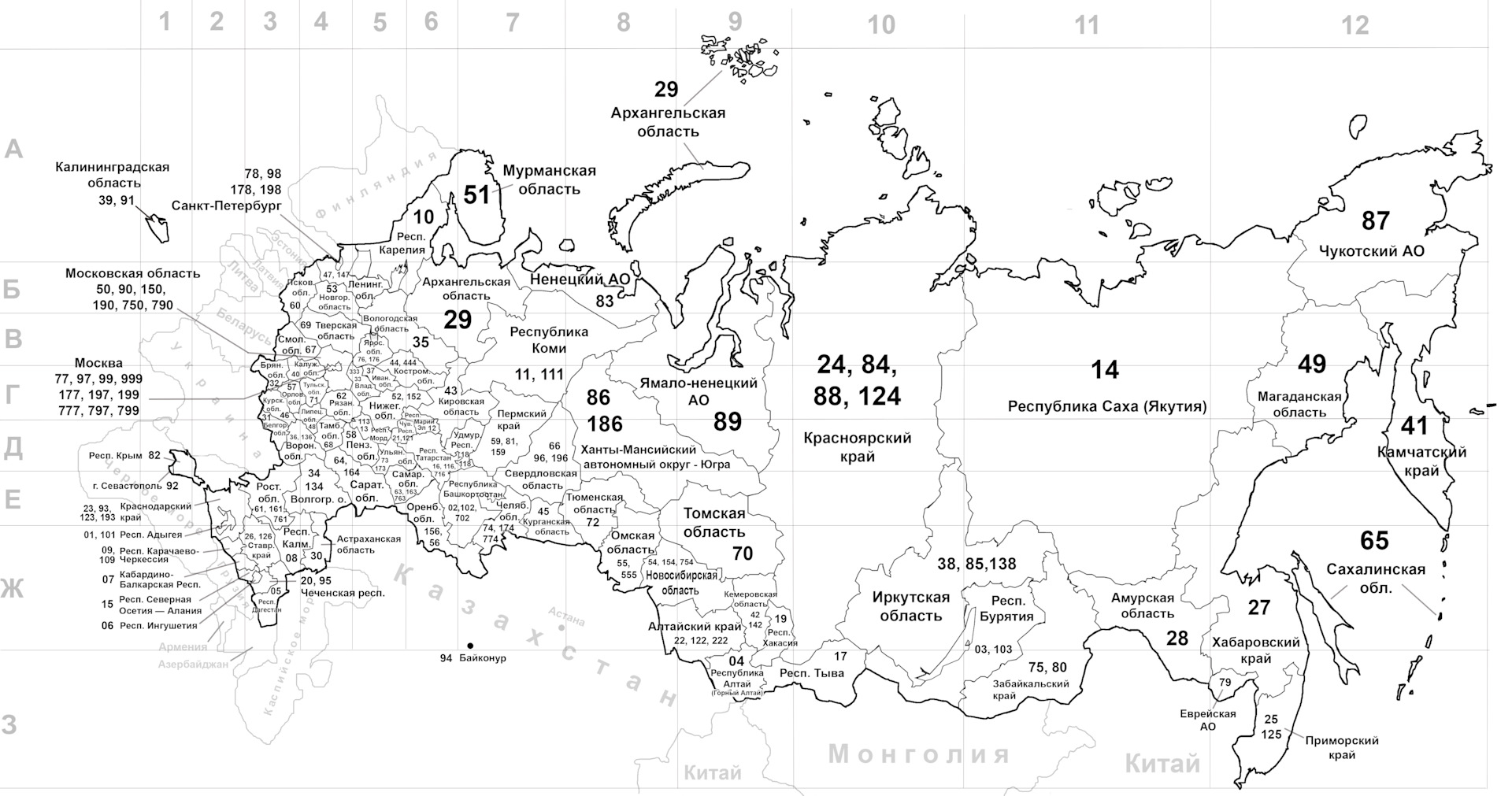 Регионы россии по номерам 2024 года. Карта России с кодами автомобильных регионов. Карта России с номерами регионов автомобильные. Автомобильный код России карта. Номера регионов на карте.