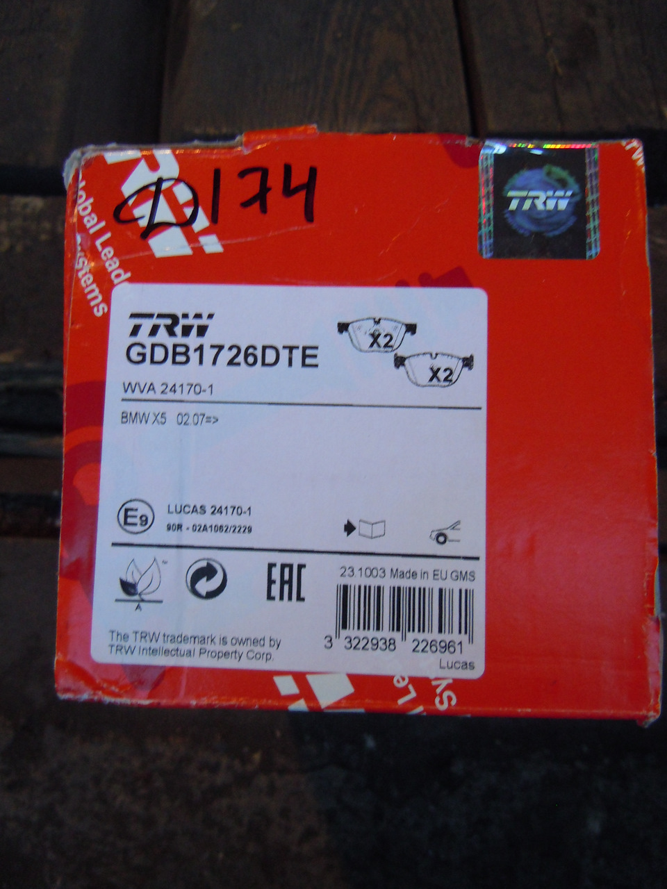 GDB1726DTE Комплект тормозных колодок, дисковый тормоз TRW | Запчасти ...