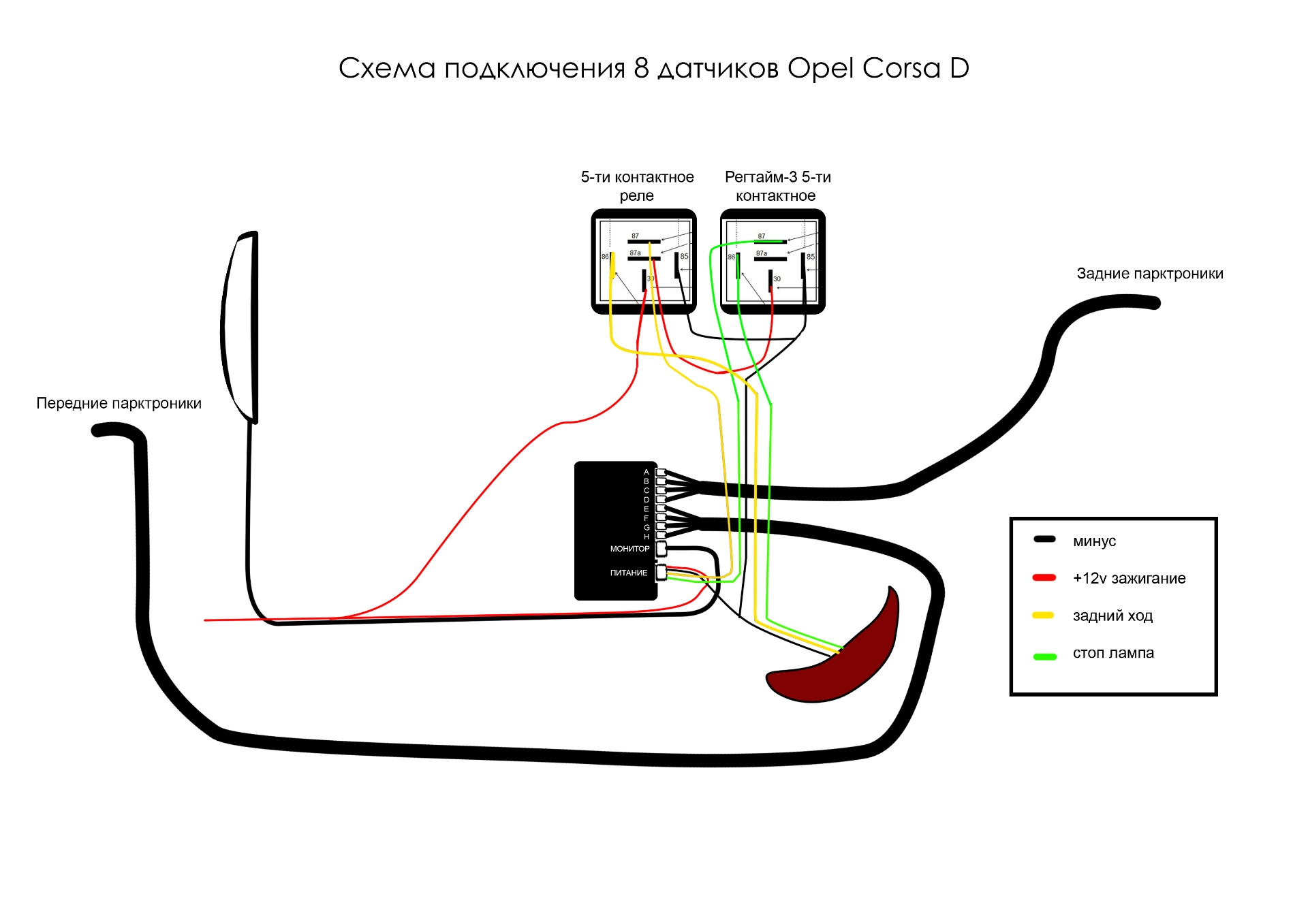 Схема подключения парктроника на 4 датчика сзади с камерой