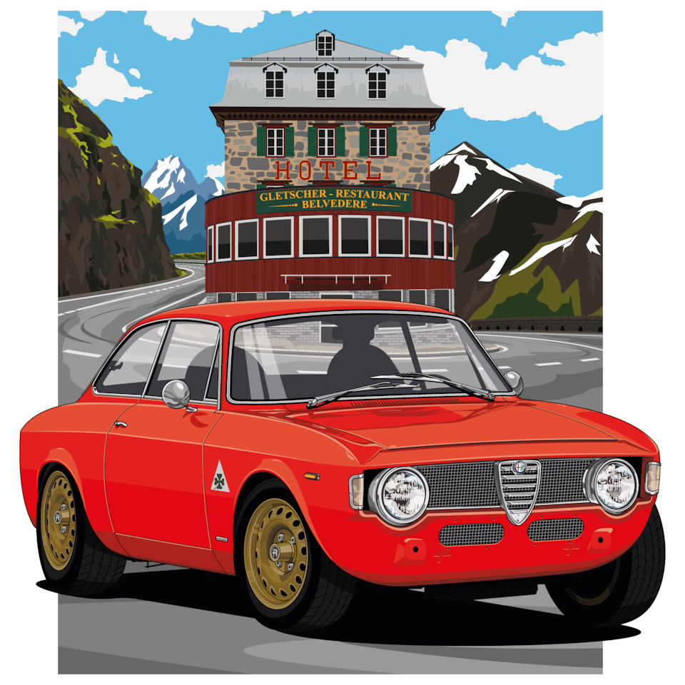 Рисунок Alfa Romeo Giulia Sprint GTA in front of The Belvédère Hotel in  Switzerland. — DRIVE2