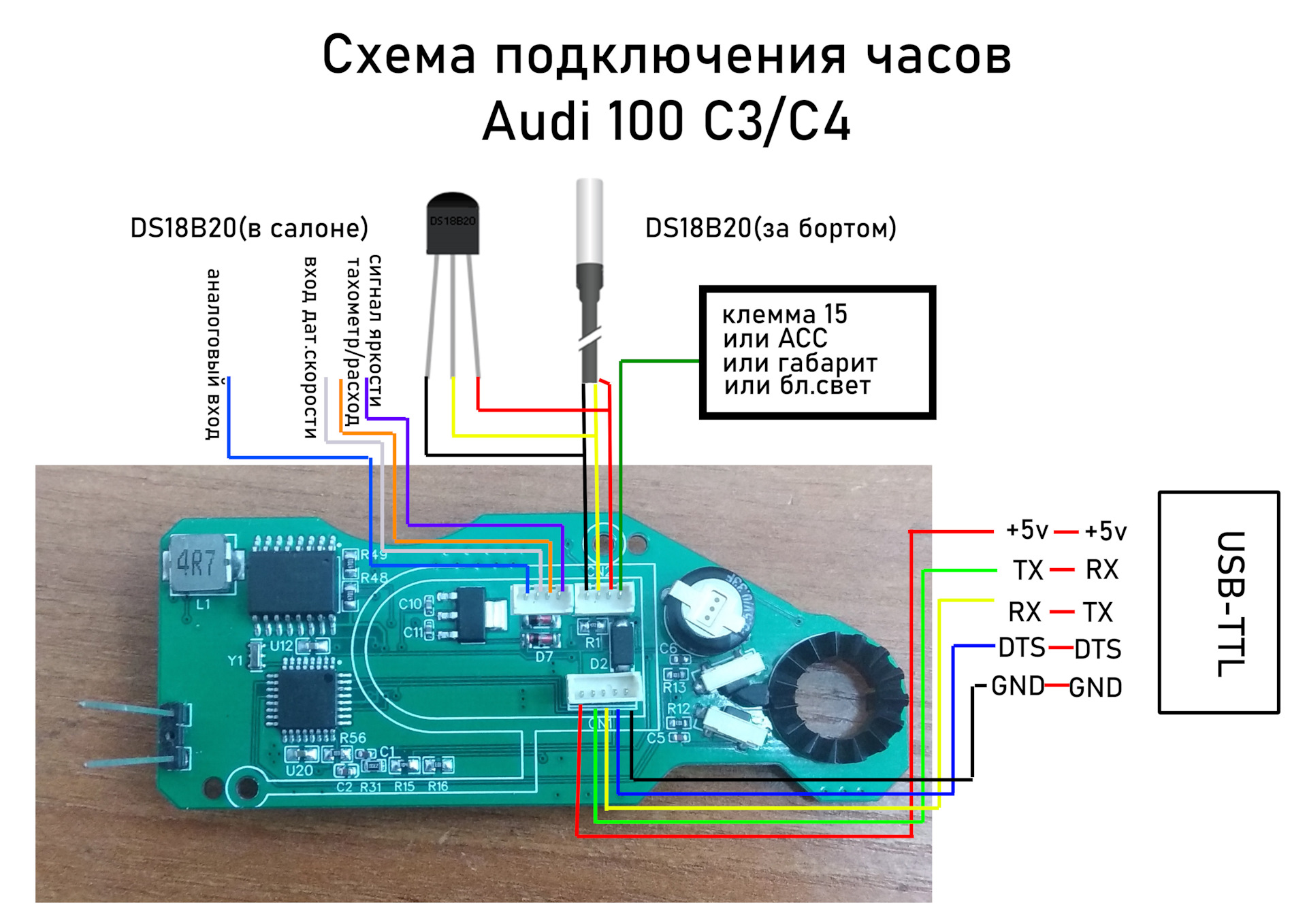 Как правильно подключить часы Фотография "Схема подключения часов Audi100/200 C3/C4, обновлённая инструкци.