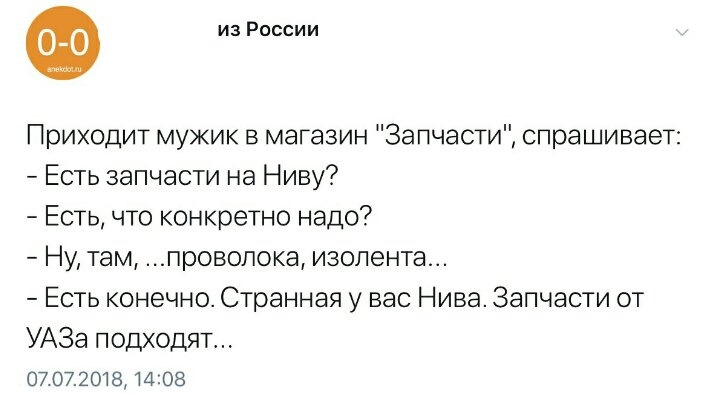 Надо конкретно. Приходит мужик в магазин запчасти. Приходит мужик в магазин запчасти спрашивает есть.