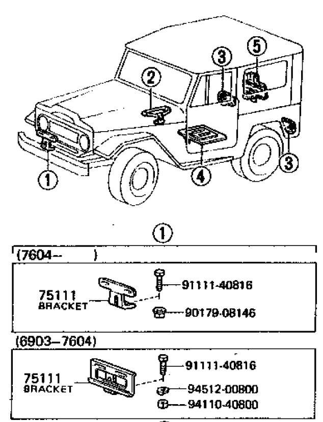 Редкий держатель номера снизу — Toyota Land Cruiser 40. Запчасти на фото: 9017908146, 9451200800, 9411040800