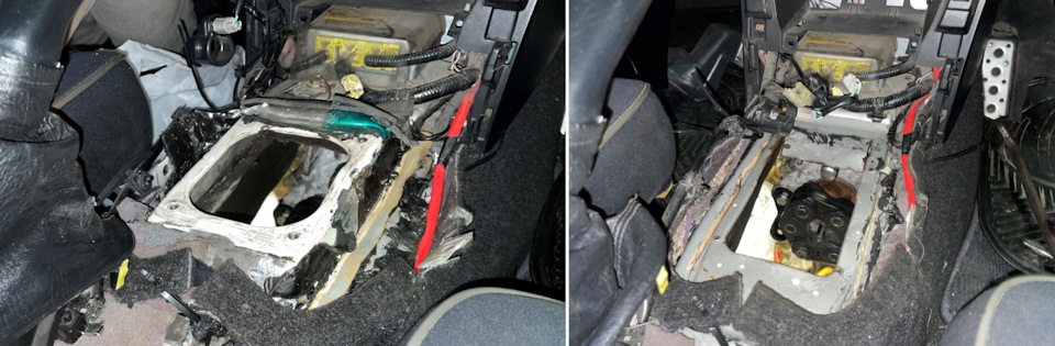 Машина у меня с завода автоматная. Когда ее собирали на 3s-ge и j160, распилили туннель, и установили заводкой подиум (тот, что слева на фото) под пыльник кулисы МКПП. Когда я поставил приобретенную кулису под BMW коробку, она встала очень высоко. Мне не нравятся длинные кулисы. Маленько подумав, я решил демонтировать этот подиум со своего туннеля, тем самым выиграть сантиметра три. Хорошо, что этот подиум был приклеен на герметик. — Toyota Altezza