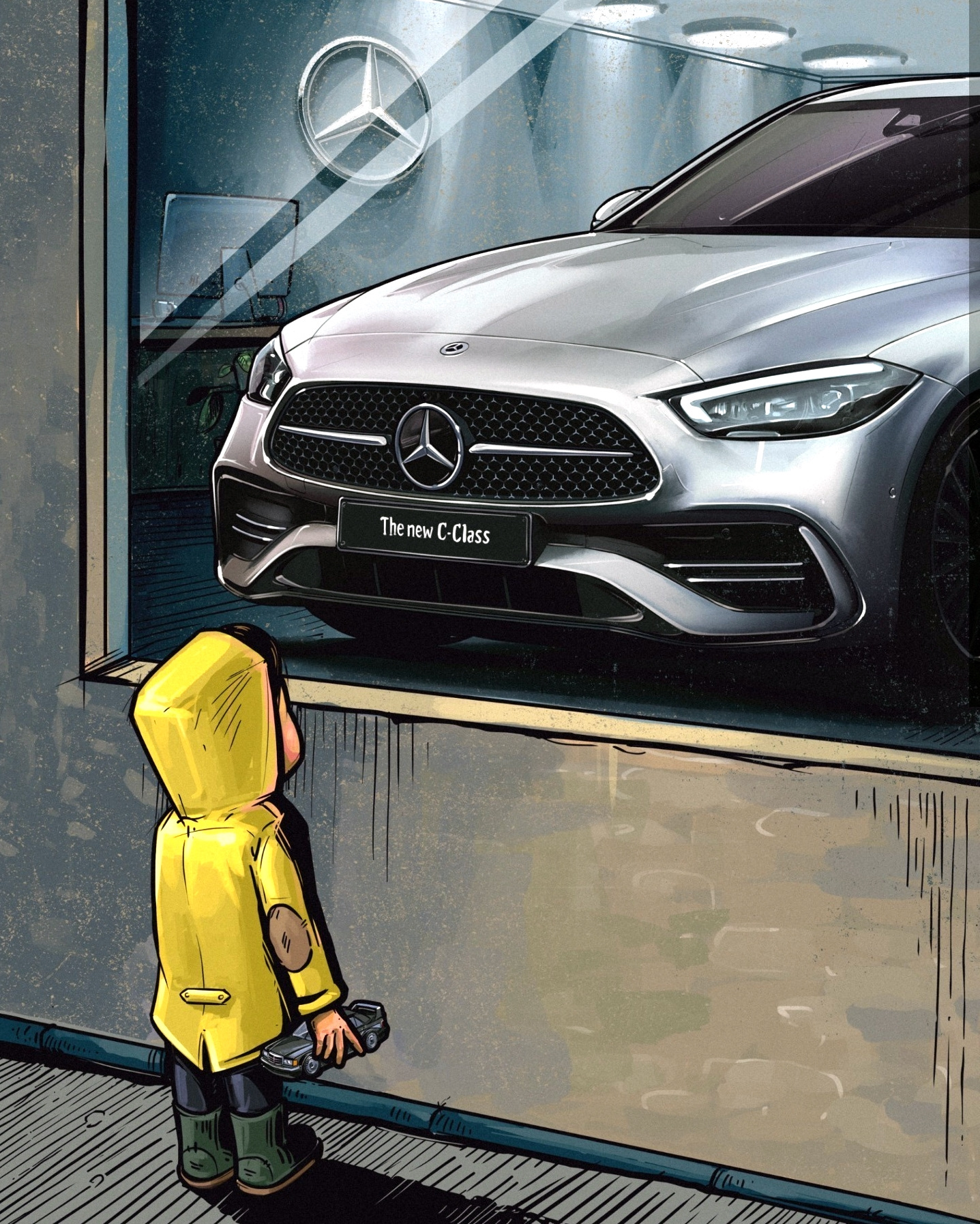 Картинка где мальчик смотрит на машину в витрине