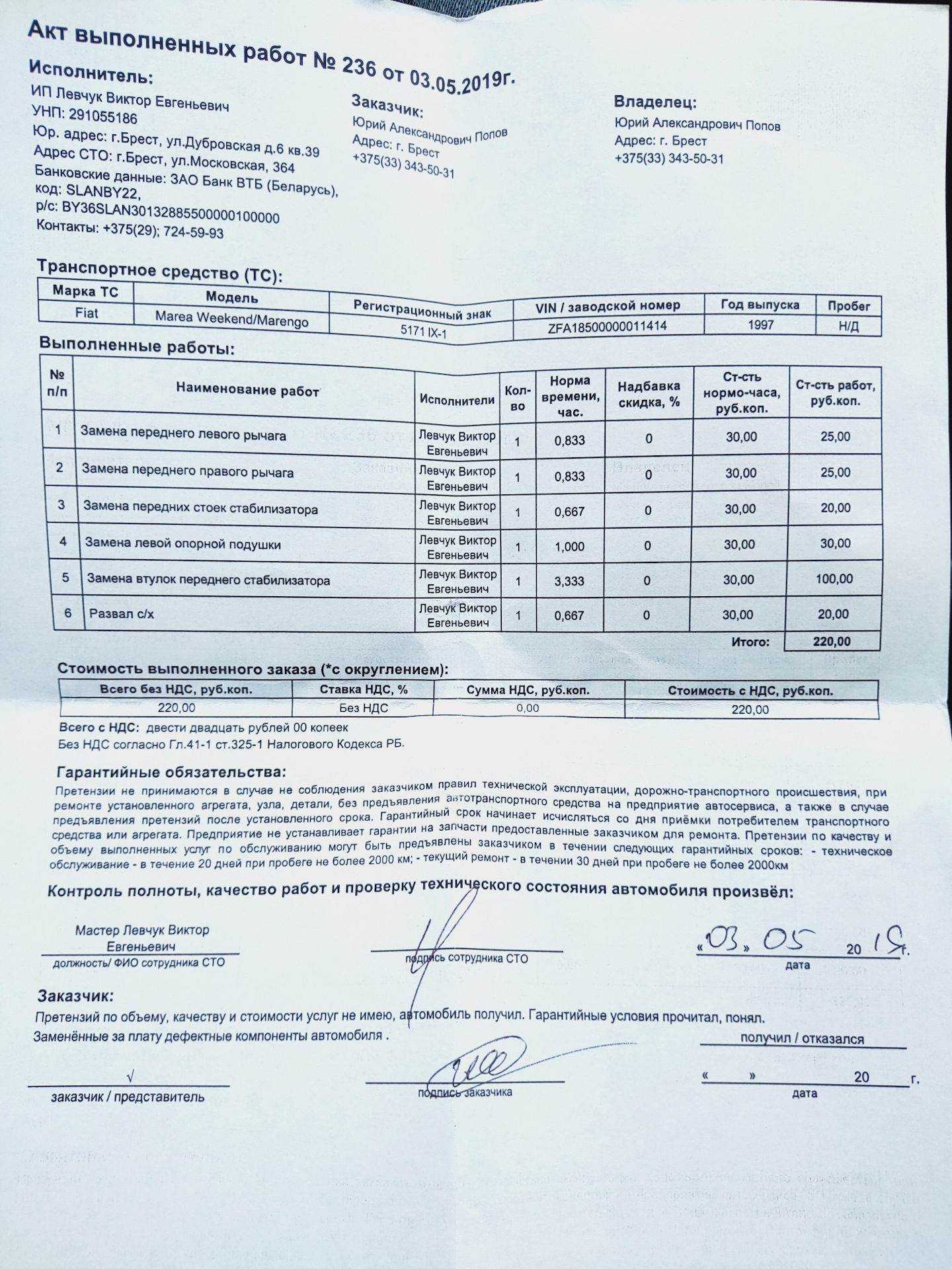 Акт выполненных работ ремонт автомобиля образец