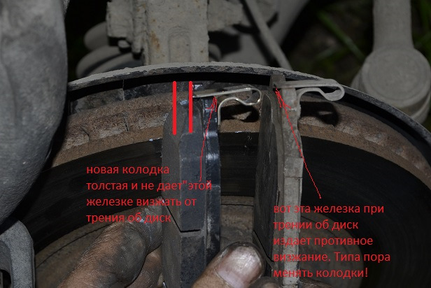 противный визг в левом переднем колесе пропадал при торможении ...