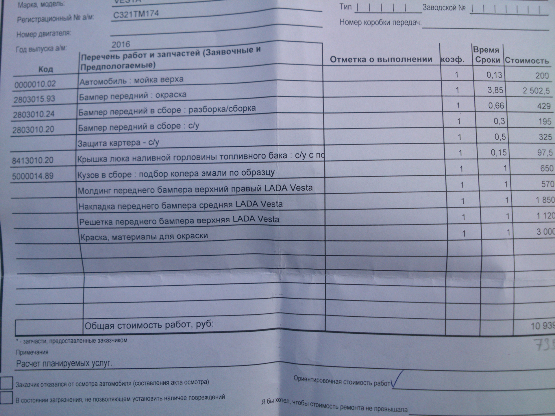 Перечень 2016. Договор Лада Веста. Цена 5 осмотра автомобиля Лада Веста.