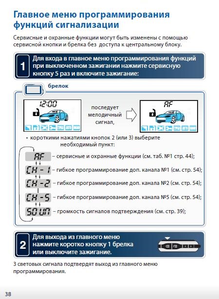 Главное меню программирования функций автосигнализации