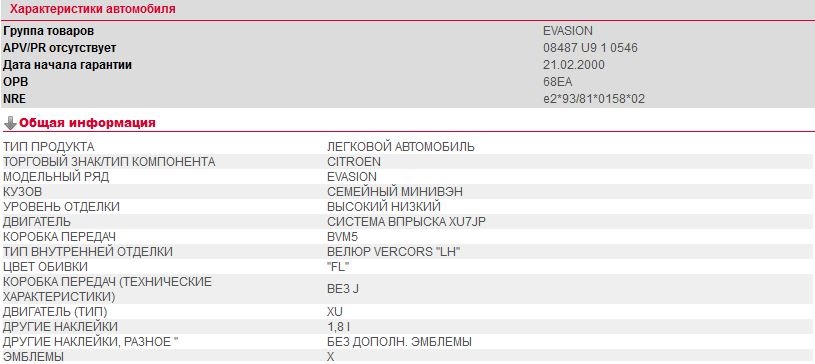 Комплектация по VIN — Citroen Evasion, 1,8 л, 2000 года | другое | DRIVE2