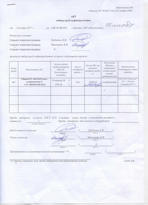 Акт отбора проб зерна для лабораторного анализа образец