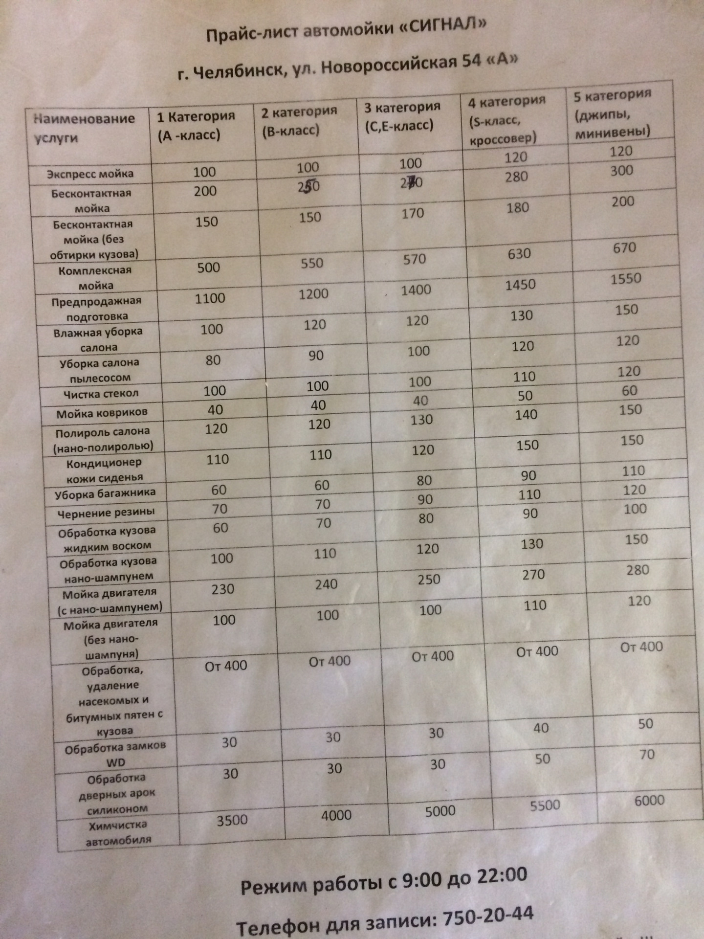 Прайс на мойку автомобиля