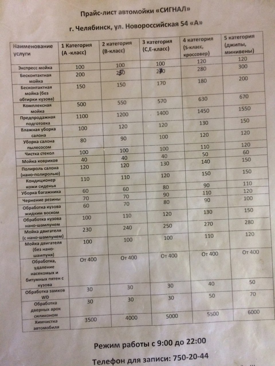 Прайс автомойки образец