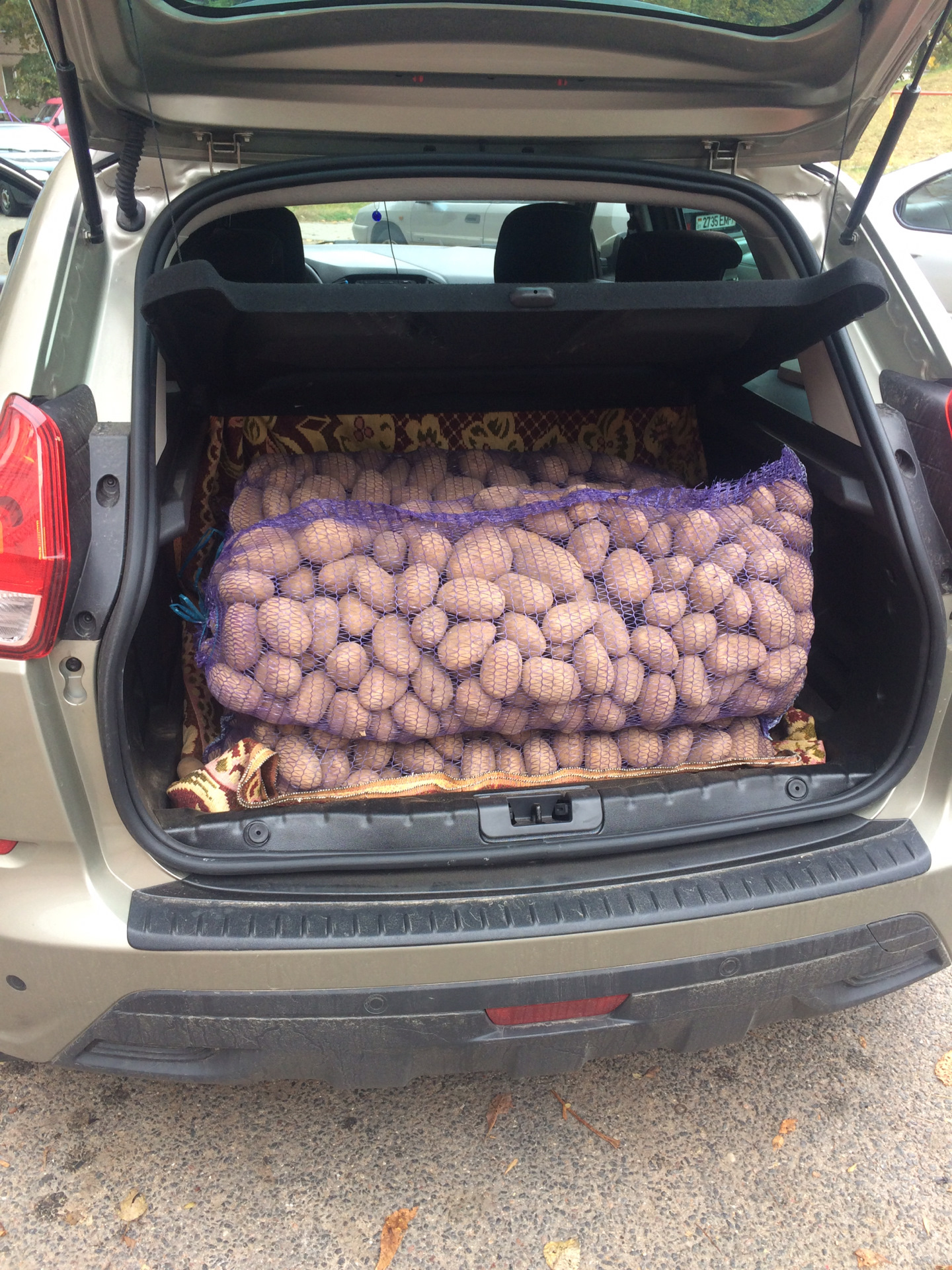 Мешок картошки сколько кг. Картошка в багажнике. Мешок в багажнике. Полный багажник картошки. Фрукты в багажнике.
