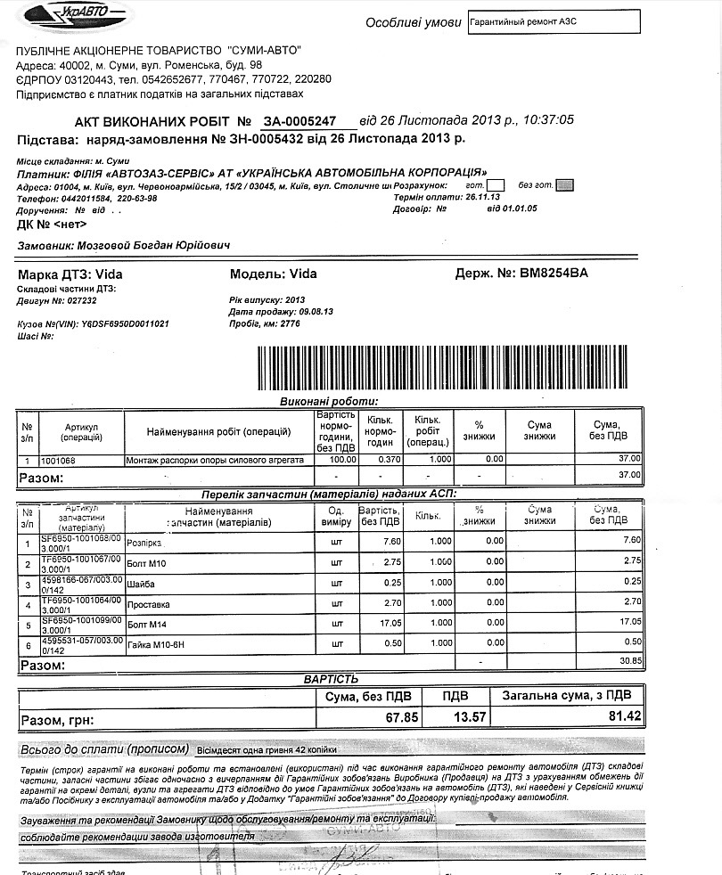 ПИСЬМЕЦО С АВТОЗАЗ — ЗАЗ Vida, 1,5 л, 2013 года | визит на сервис | DRIVE2