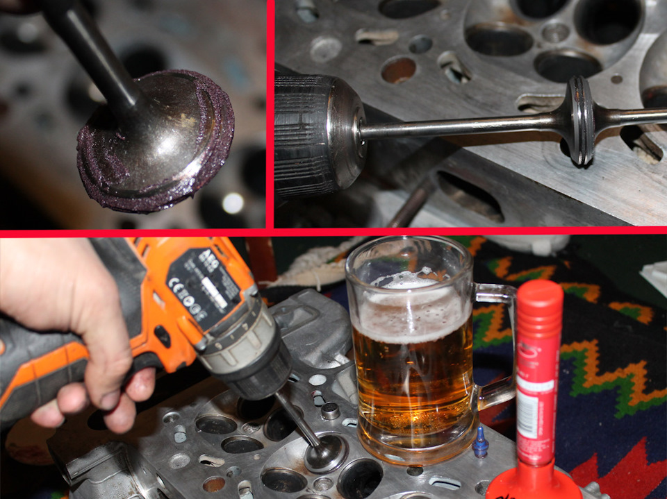 притирку делал без особых приспособлений, клапан к клапану двухсторонним скотчем в два слоя для эластичности и на шуруповерт, на один клапан уходило минут пять (алмазная притирка) — BMW 5 series (E39)