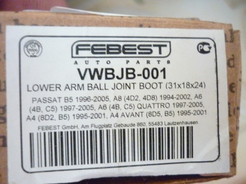VWBJB001 Пыльник опоры шаровой нижнего рычага 29x23.2x18.6 FEBEST ...