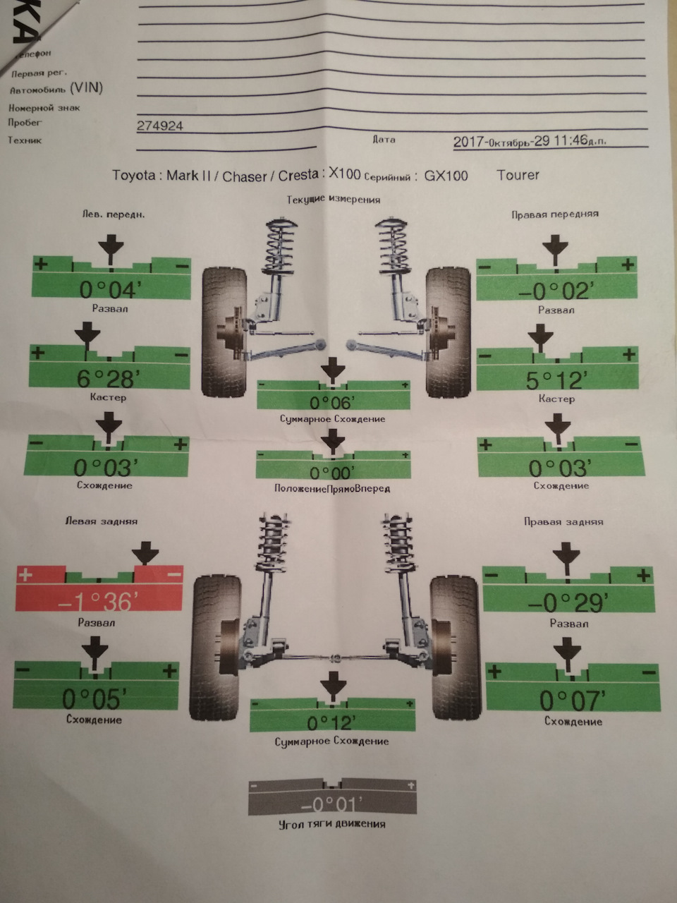 Развал-схождение №1 + стояночный тормоз. — Toyota Mark II (100), 2 л ...