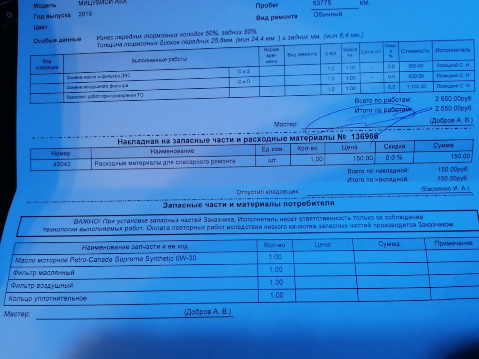 ТО — Mitsubishi ASX, 1,6 л, 2019 года | плановое ТО | DRIVE2