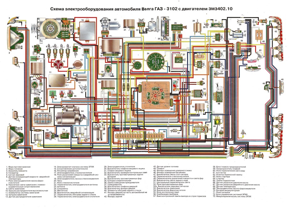 Цветная электросхема ГАЗ-3110, 31029, 31105, 3102 с подробным описанием электрооборудования