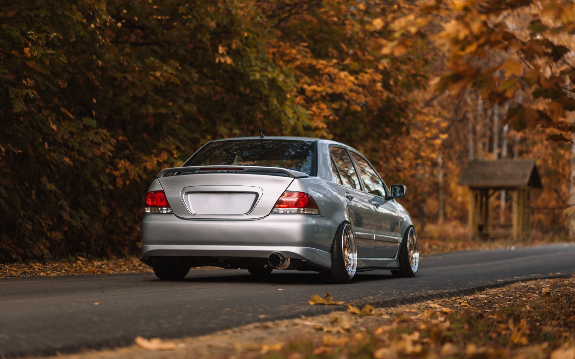 Mitsubishi Lancer 10 в лесу осенью