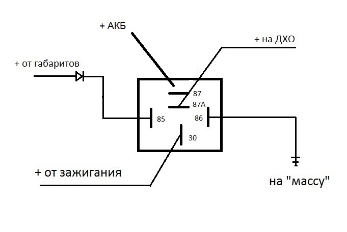 Схема соединения реле. Схема подключения ходовых огней через реле на ВАЗ. Схема подключения 5 контактного реле дневные ходовые огни. Схема подсоединения ходовых огней через реле. ДХО через ручник с 1 реле схема.