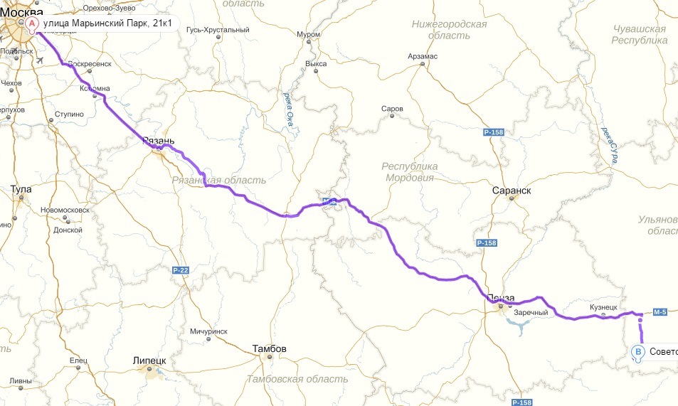 Москва пенза трасса м5 карта с километрами