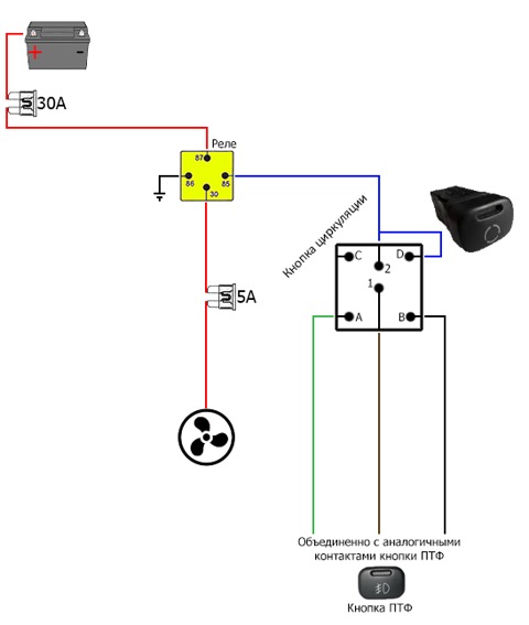 Схема подключения вентилятора охлаждения через кнопку