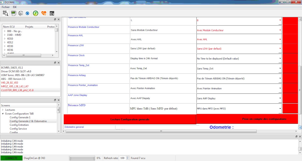 Для активации часов на приборной панели в режиме эксперта меняем значение параметра «Presence Clock» на «Display time in 24h format» и нажимаем кнопку справа от параметра. Для активации датчика наружной температуры в режиме эксперта меняем значение параметра «Presence Temp_Ext» на «Avec Temp_Ext» и нажимаем кнопку справа от параметра — Renault Fluence. Запчасти на фото: D1540, Q4035