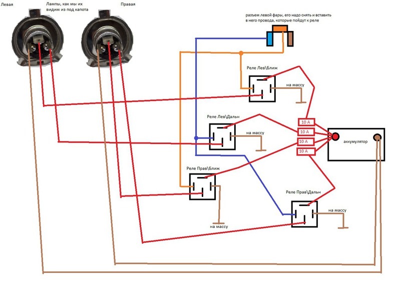 Фары через реле схема