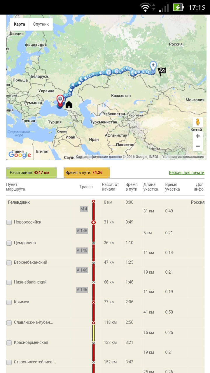 Маршрут новосибирск сочи на машине карта с остановками