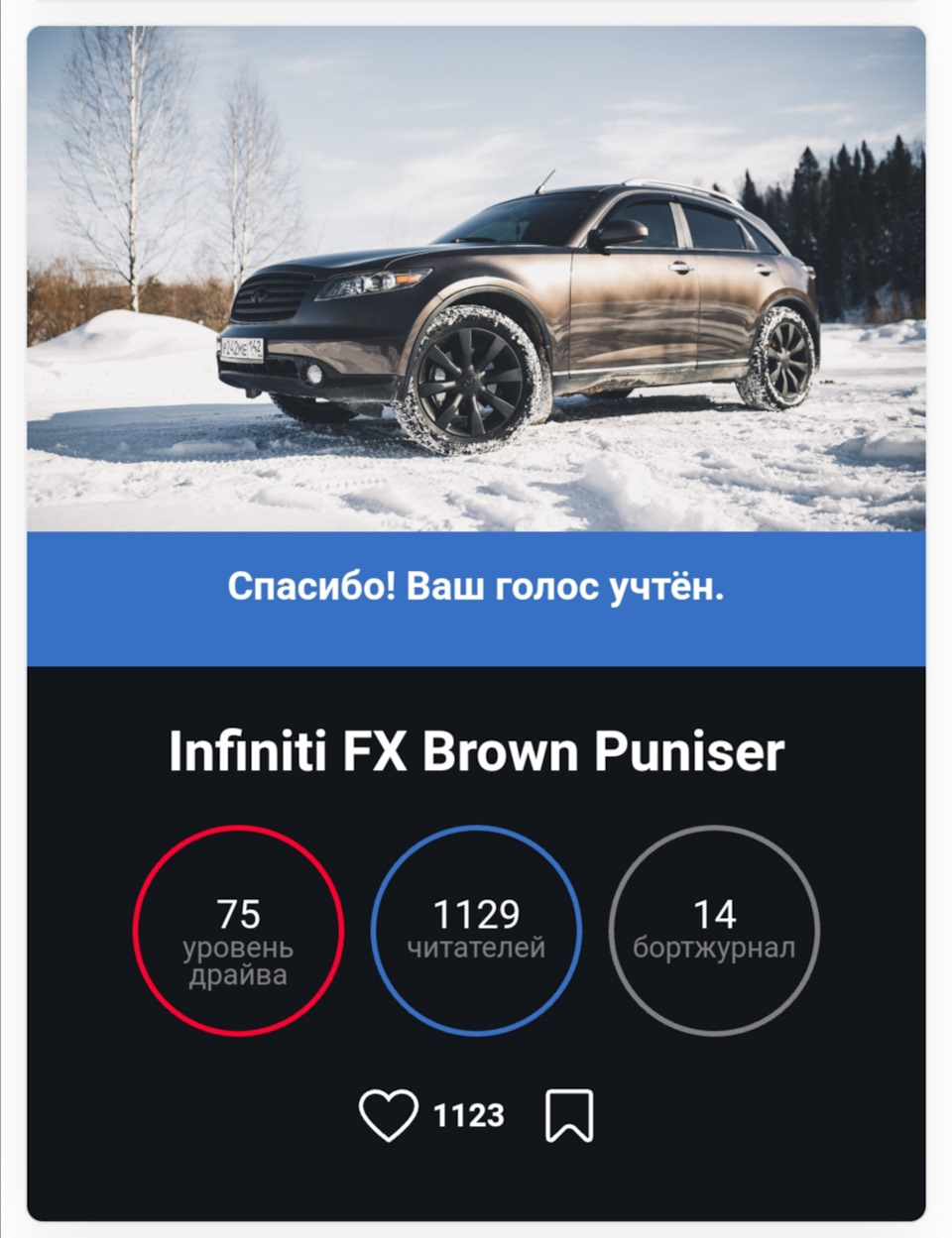 15. Выборы Машины Дня 23.03.2022 🥳 Ура! — Infiniti FX (1G), 3,5 л, 2005  года | рейтинг и продвижение | DRIVE2