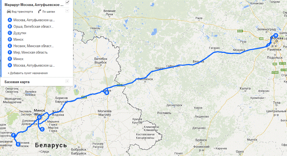 Карта от москвы до белоруссии на машине карта