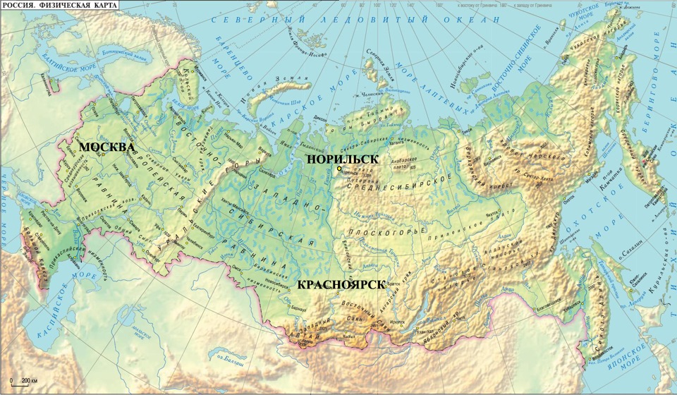 Норильск на карте России и Красноярского края