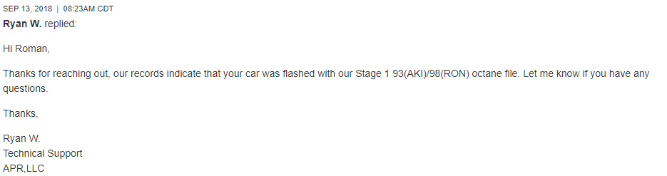 Спасибо, что обратились к нам. Наши записи показывают, что ваш автомобиль была установлена прошивка. Stage 1 93 (AKI) / 98 (RON). Дайте знать, если у вас появятся вопросы. — Audi A3 Sedan (8V)