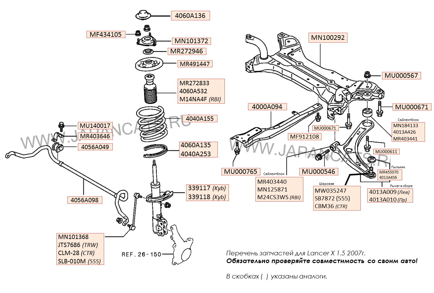 Запчасти передней подвески Lancer X — схема-перечень. — Mitsubishi Lancer  X, 1,5 л, 2007 года | запчасти | DRIVE2