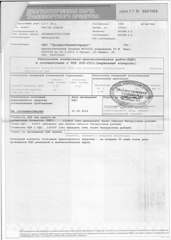 диагностическая карта транспортного средства — Nissan Almera I (N15), 1 ...