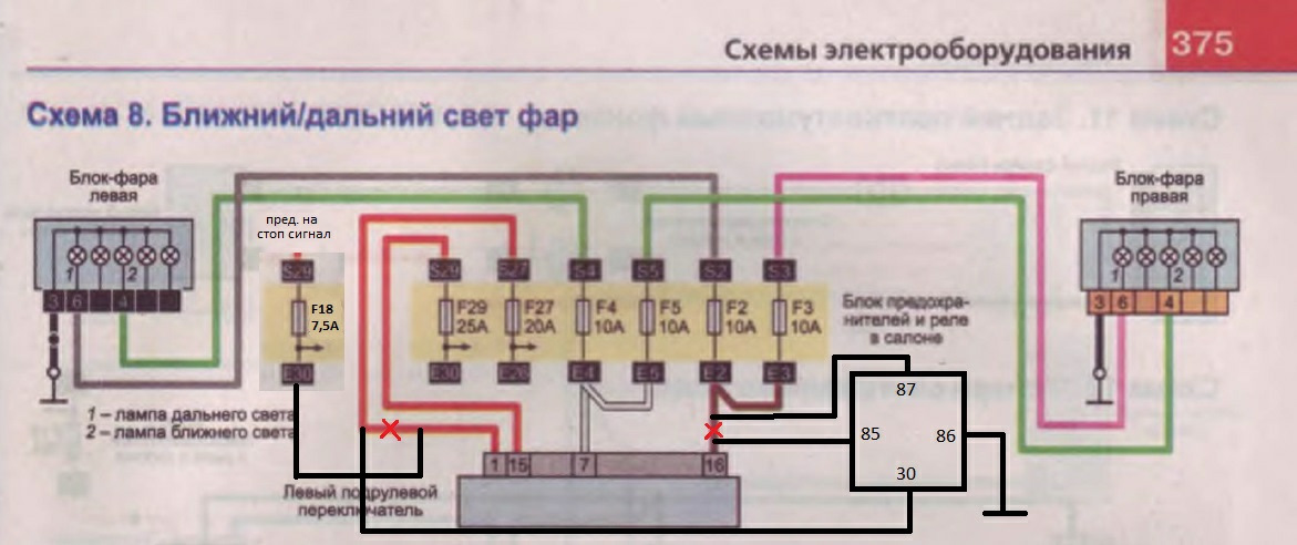 Схема ближнего света фар калина 1